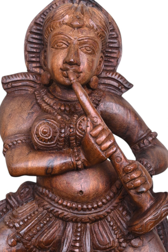 Stunning Lady Playing With Shehnai Detaily Handcrafted Fine Finishing Wooden Home Decor Sculpture 19"