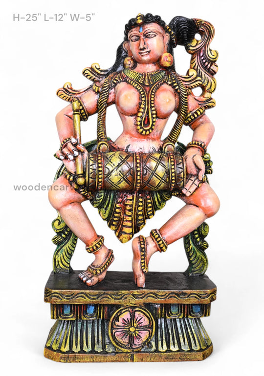 Wooden  Apsara Holding Tabla Standing Sculpture WC3697 (1)