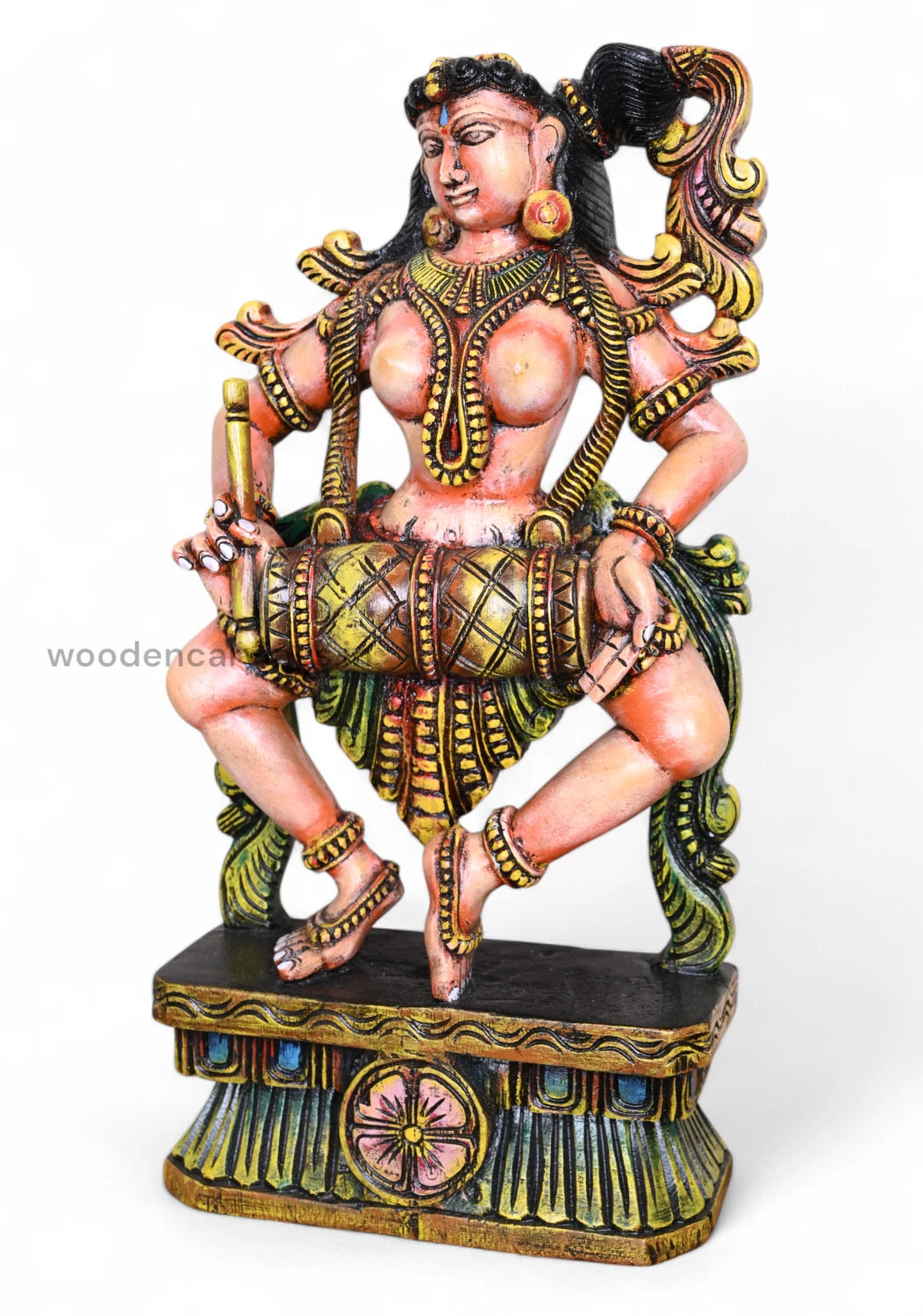 Wooden  Apsara Holding Tabla Standing Sculpture WC3697 (3)