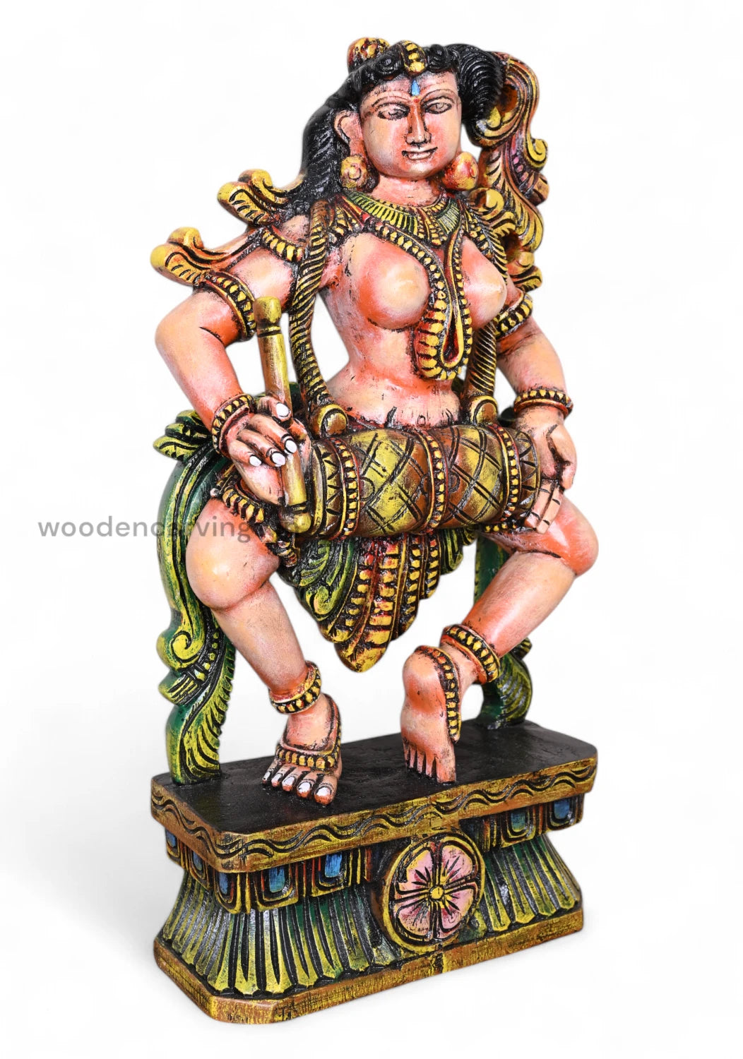 Wooden  Apsara Holding Tabla Standing Sculpture WC3697 (2)