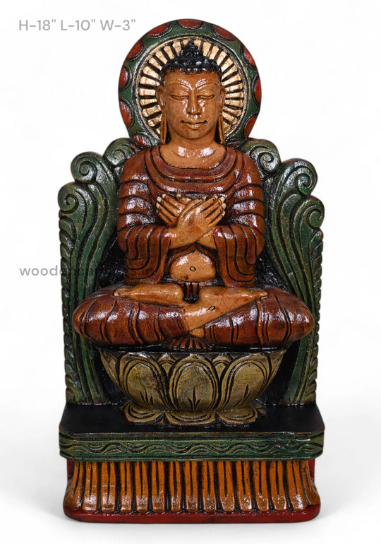 Brown Finishing Coloured Lord Buddha on Lotus Wooden Handcrafted Light Weight Hooks Fixed Sculpture 18"