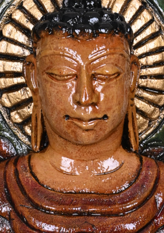 Brown Finishing Coloured Lord Buddha on Lotus Wooden Handcrafted Light Weight Hooks Fixed Sculpture 18"