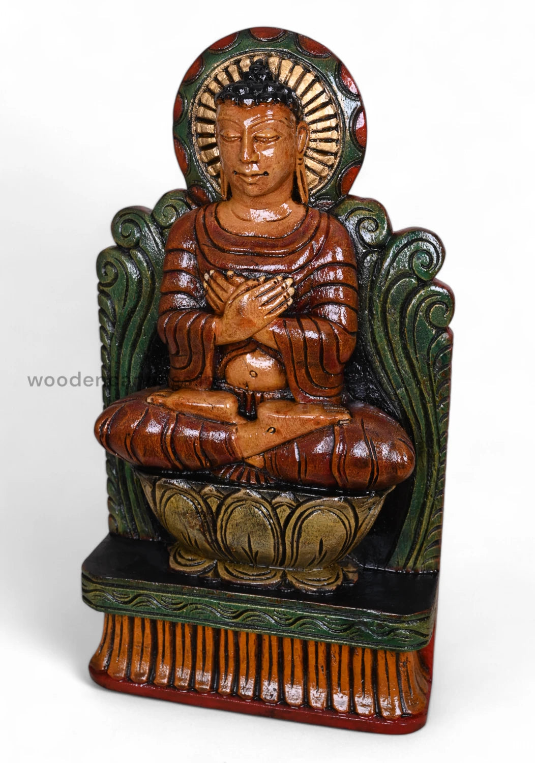 Brown Finishing Coloured Lord Buddha on Lotus Wooden Handcrafted Light Weight Hooks Fixed Sculpture 18"