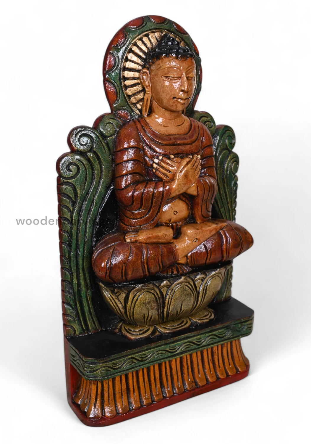 Brown Finishing Coloured Lord Buddha on Lotus Wooden Handcrafted Light Weight Hooks Fixed Sculpture 18"