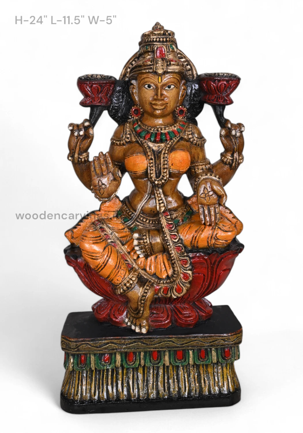 Mahalakshmi Blessing on Lotus Wooden Blessing Sculpture 24" WC3990 (1)