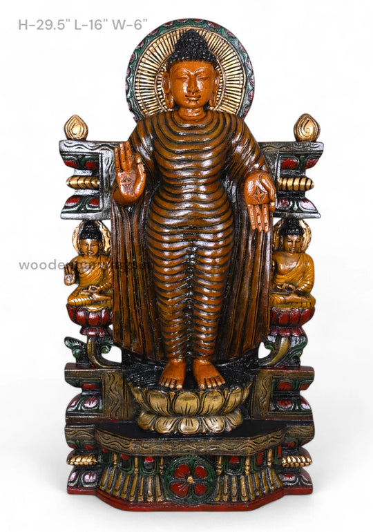 New Collection Of Standing Lord Buddha Vitarka Mudra On Lotus Handcrafted Multicoloured Wooden Sculpture 29.5"