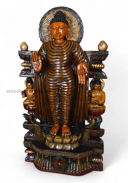 New Collection Of Standing Lord Buddha Vitarka Mudra On Lotus Handcrafted Multicoloured Wooden Sculpture 29.5"