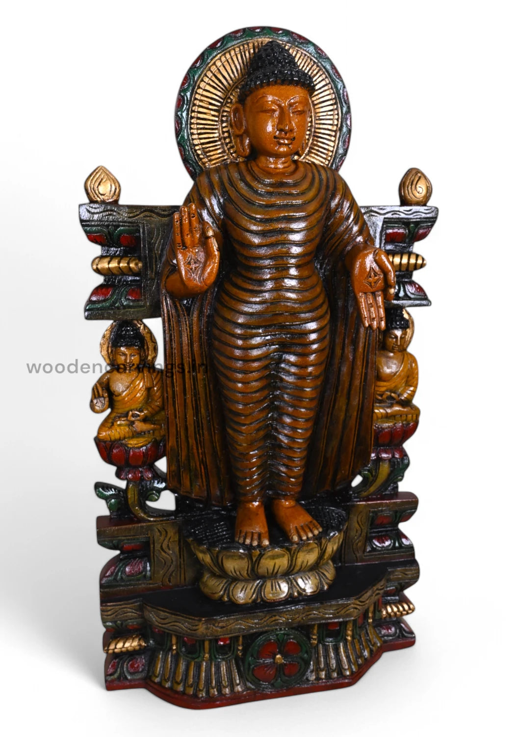 New Collection Of Standing Lord Buddha Vitarka Mudra On Lotus Handcrafted Multicoloured Wooden Sculpture 29.5"