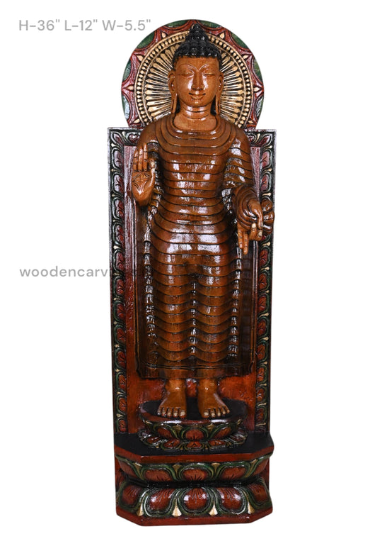 Gauthama Buddha Standing Light Weight Wall Hanging Detaily Carved Coloured Wooden Handcrafted Sculpture 36"