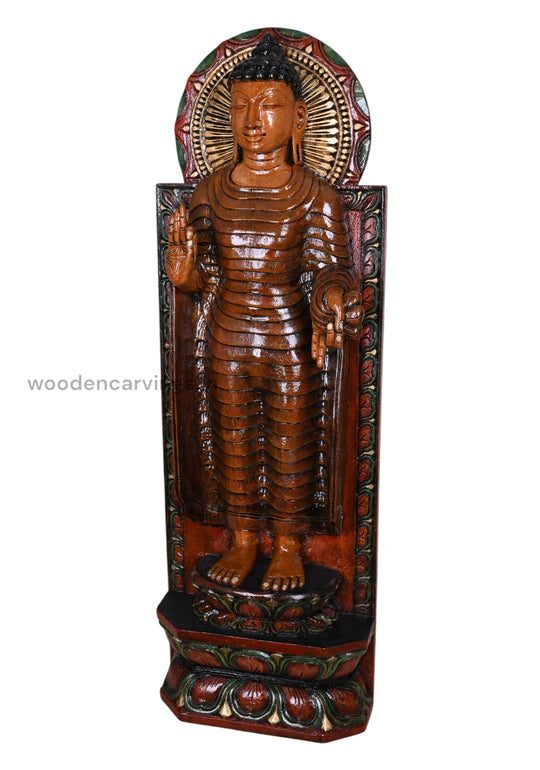 Gauthama Buddha Standing Light Weight Wall Hanging Detaily Carved Coloured Wooden Handcrafted Sculpture 36"