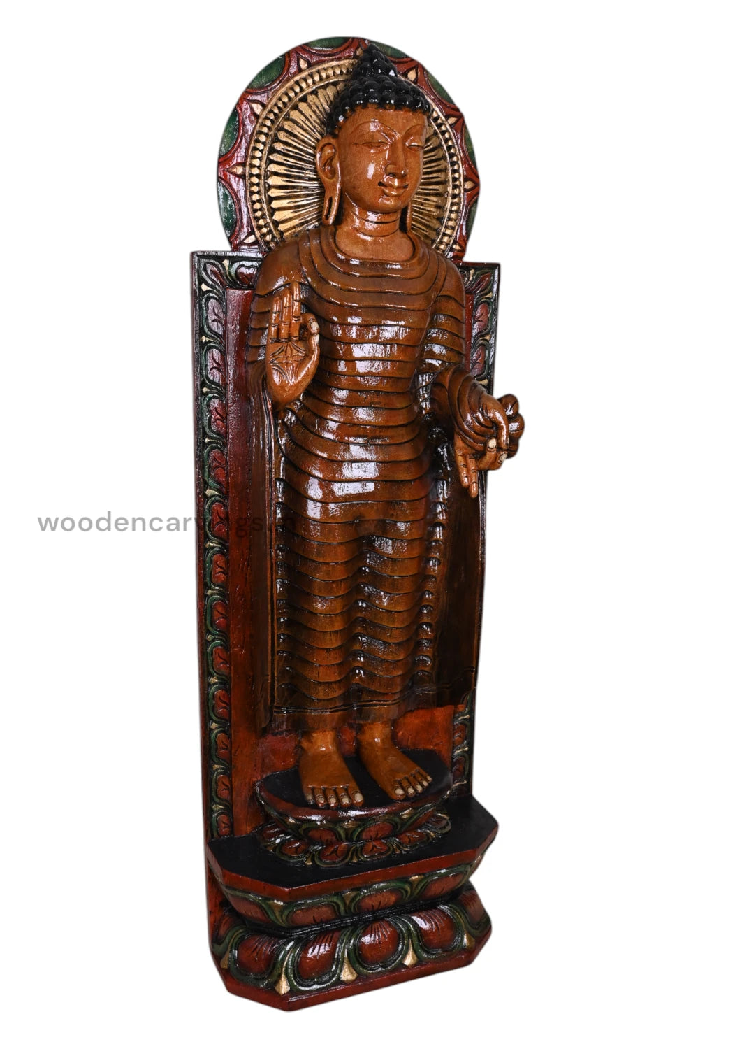 Gauthama Buddha Standing Light Weight Wall Hanging Detaily Carved Coloured Wooden Handcrafted Sculpture 36"