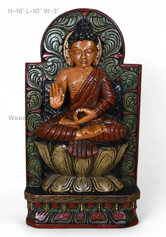 Carved Bodhi Tree Background Lord Coloured Vitarka Mudra Buddha Handcrafed Wooden Wall Mount 18"