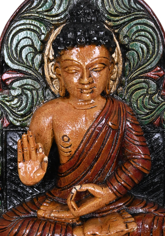 Carved Bodhi Tree Background Lord Coloured Vitarka Mudra Buddha Handcrafed Wooden Wall Mount 18"