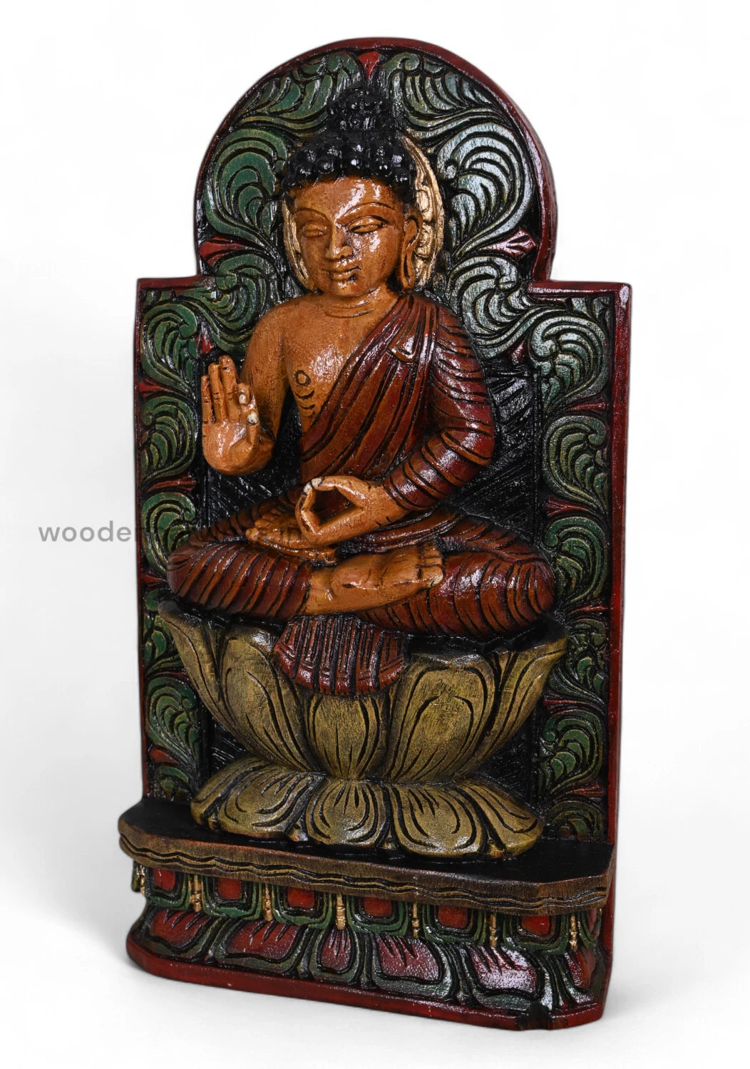 Carved Bodhi Tree Background Lord Coloured Vitarka Mudra Buddha Handcrafed Wooden Wall Mount 18"