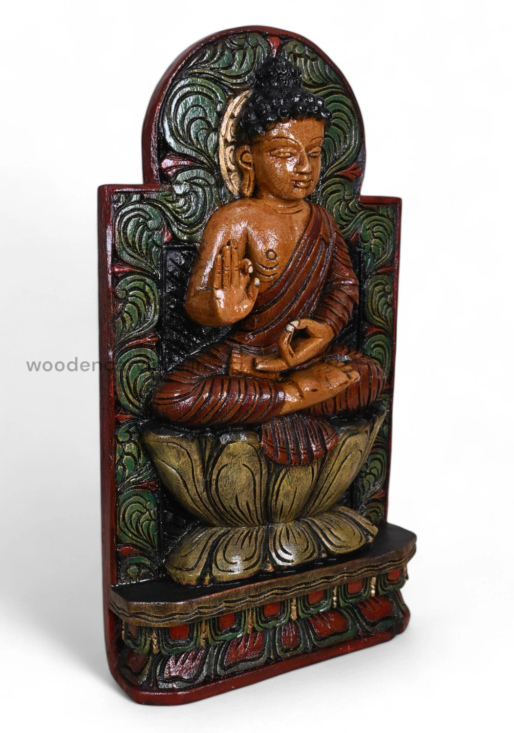 Carved Bodhi Tree Background Lord Coloured Vitarka Mudra Buddha Handcrafed Wooden Wall Mount 18"