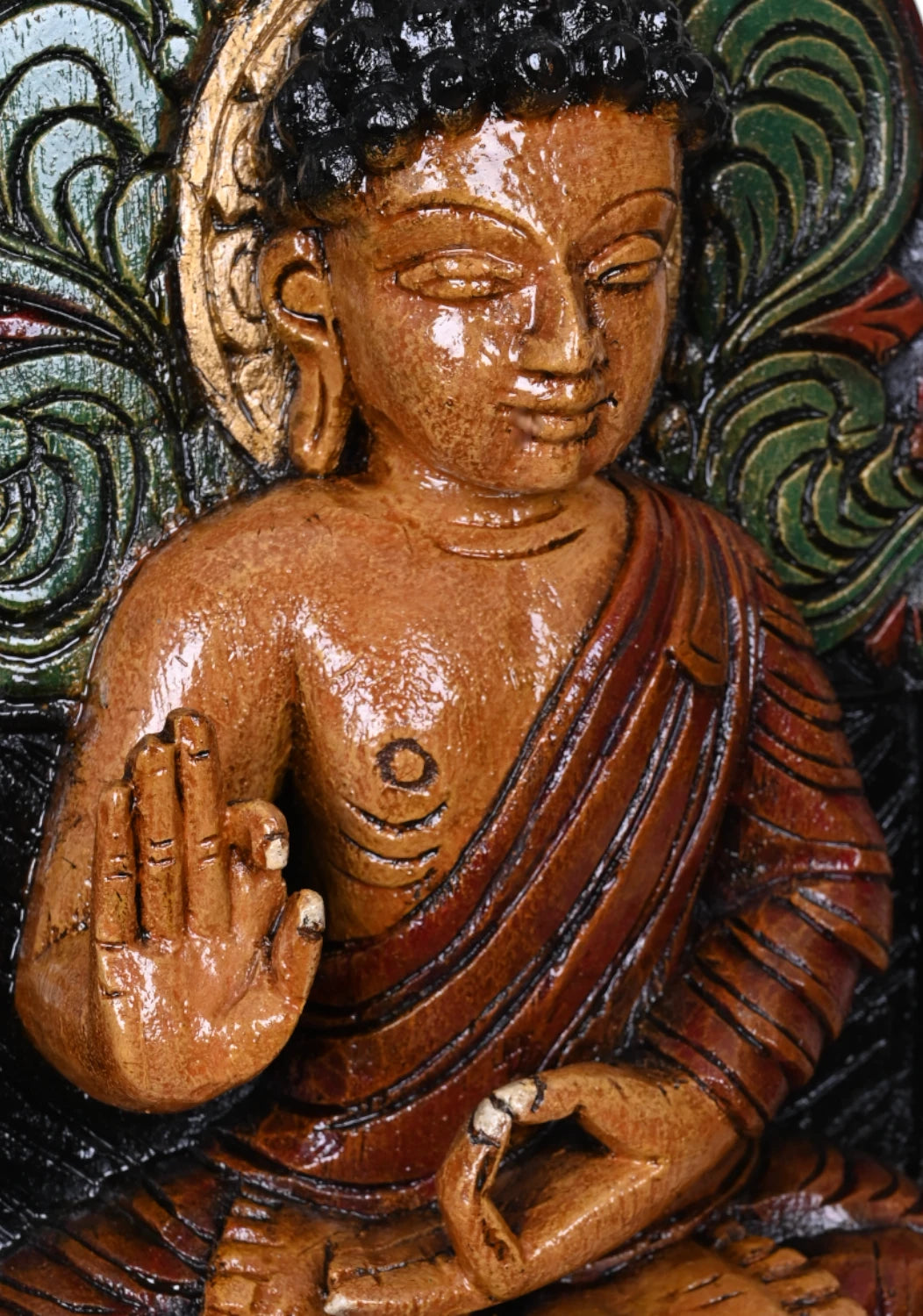 Carved Bodhi Tree Background Lord Coloured Vitarka Mudra Buddha Handcrafed Wooden Wall Mount 18"