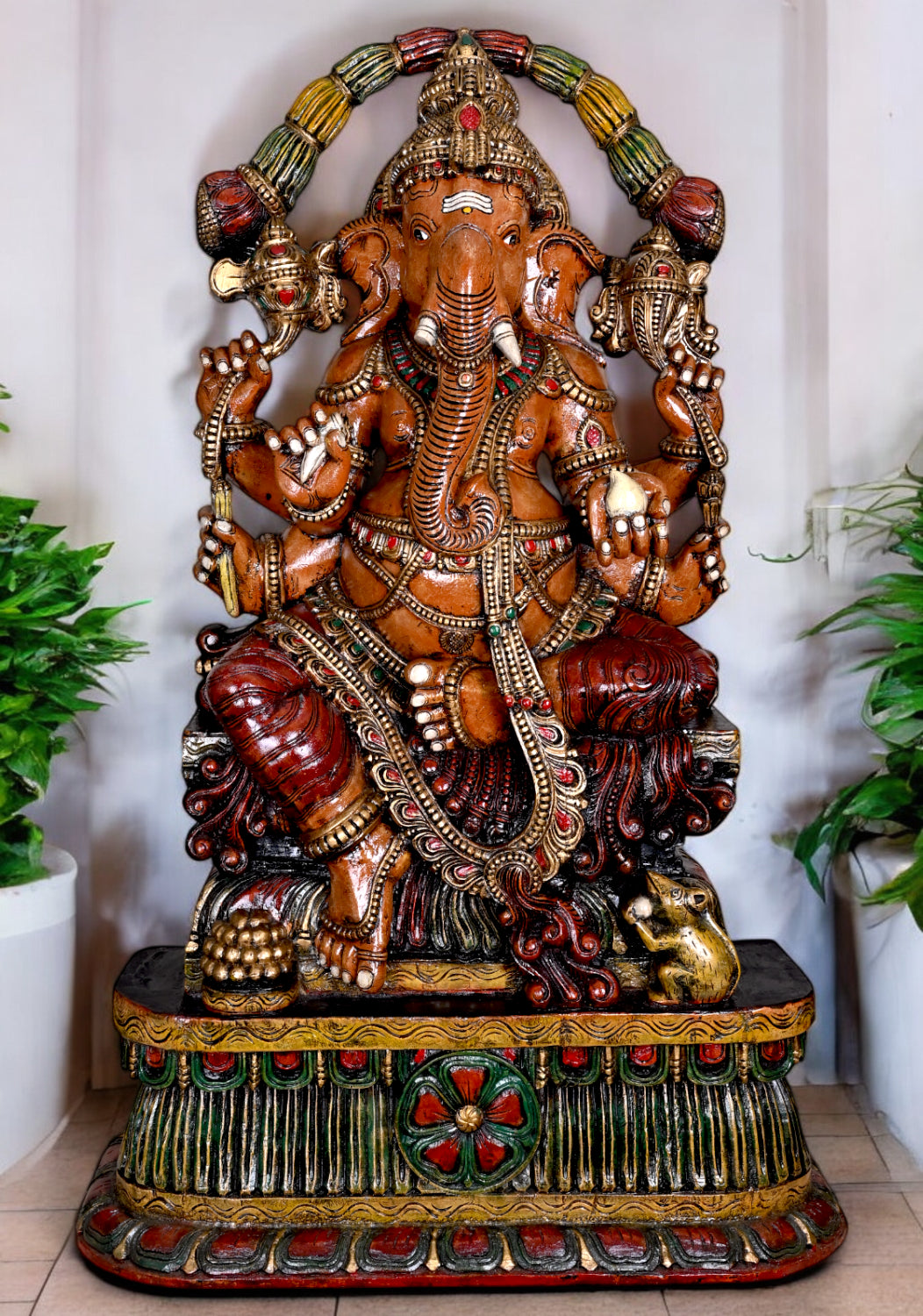 Mushak Bhagawan Kshatriya Ganapathy Having Six Arms Beautiful Home Decoration Garland Design Sculpture 47"