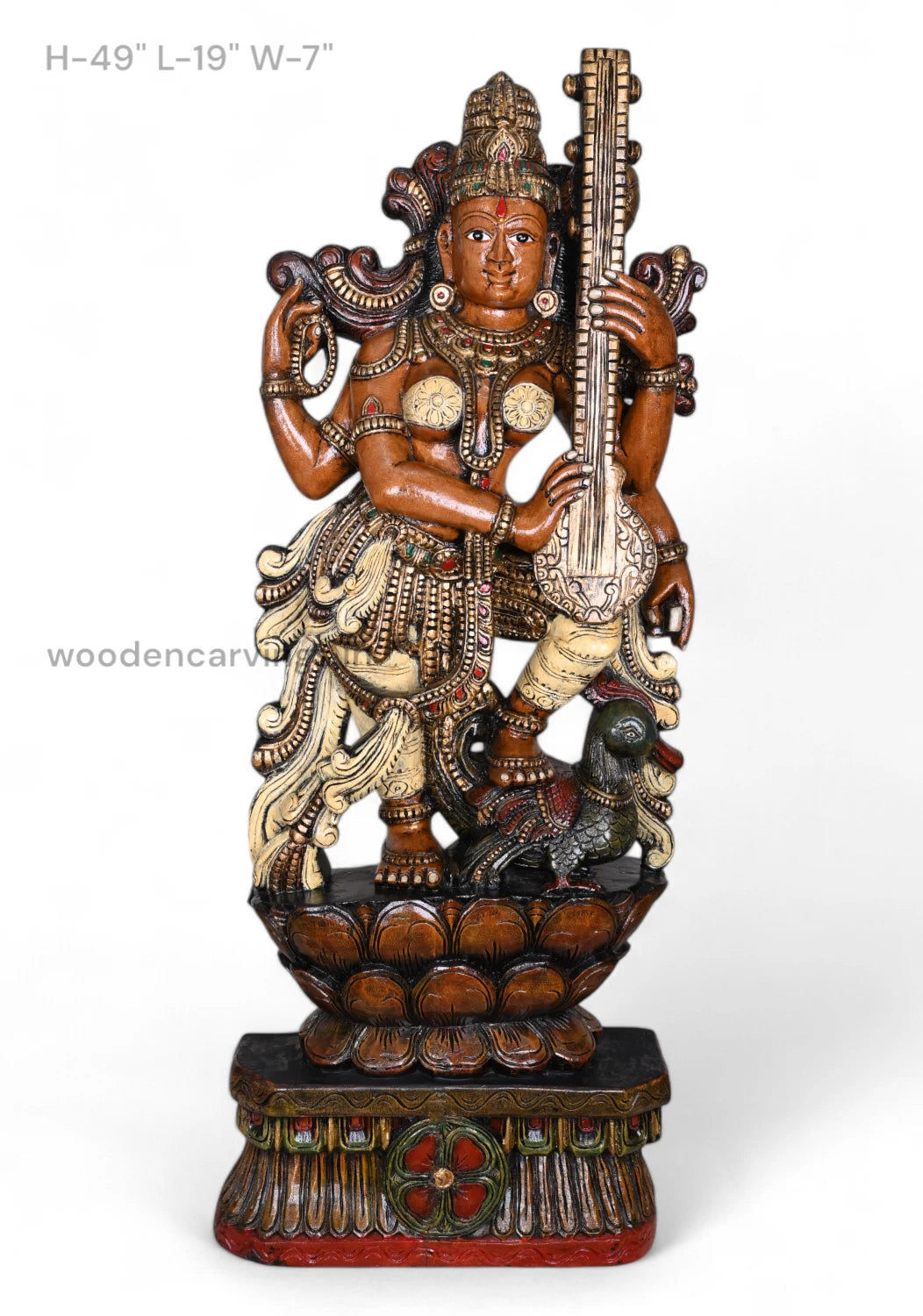 Wooden Saraswathi Statue With Veena and hamsa Bird (1)