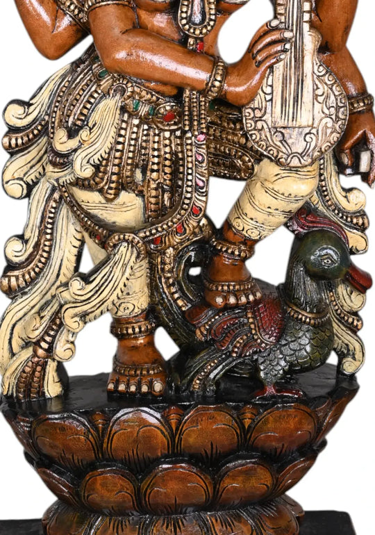 Wooden Saraswathi Statue With Veena and hamsa Bird (2)