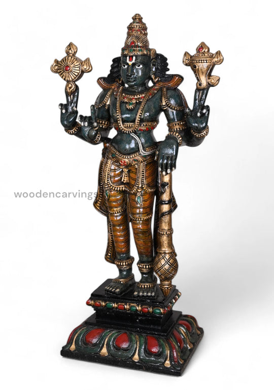 Wooden Standing Maha Vishnu Holding Gadayuth Sculpture WC4005 (3)