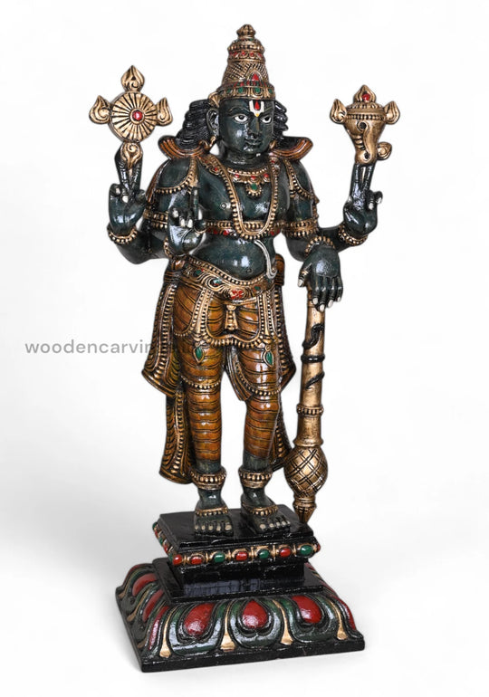 Wooden Standing Maha Vishnu Holding Gadayuth Sculpture WC4005 (4)