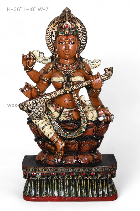 Shree Goddess Saraswathi Sitting on Double Petal Grey Lotus Handcrafted Wooden Coloured Sculpture 36"