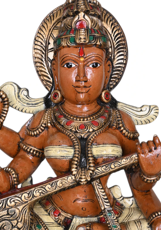 Goddess Saraswathi on Lotus Wooden Sculpture WC4008 (2)