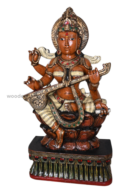 Goddess Saraswathi on Lotus Wooden Sculpture WC4008 (3)