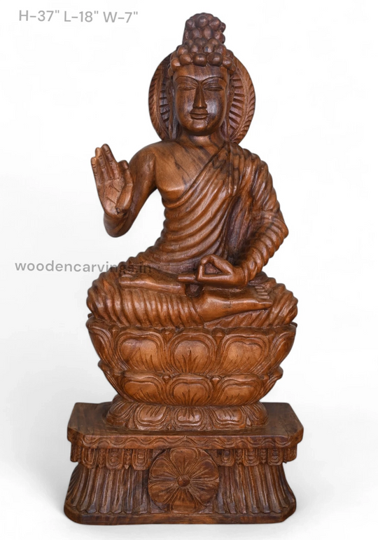 Wooden Gauthama Buddha Sitting on Lotus with Vitarka Mudra Sculpture