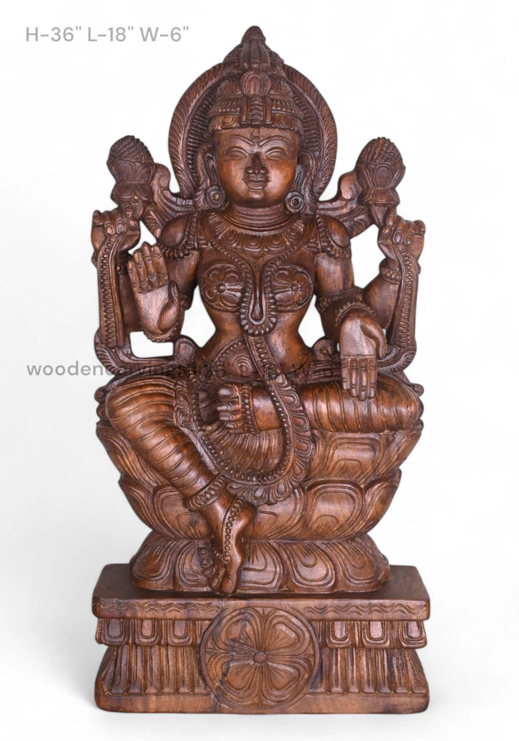 Lakshmi on Double Petal Lotus Wooden Handmade Sculpture 36" WC3482 (1)