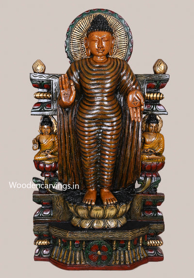 New Collection Of Standing Lord Buddha Vitarka Mudra On Lotus Handcrafted Multicoloured Wooden Sculpture 29.5"