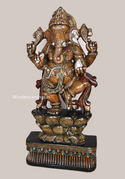 Full Figurine Of Shri Maha Ganapathy Dancing On Double Petal Grey Lotus Holding White Mothak Sculpture 42"