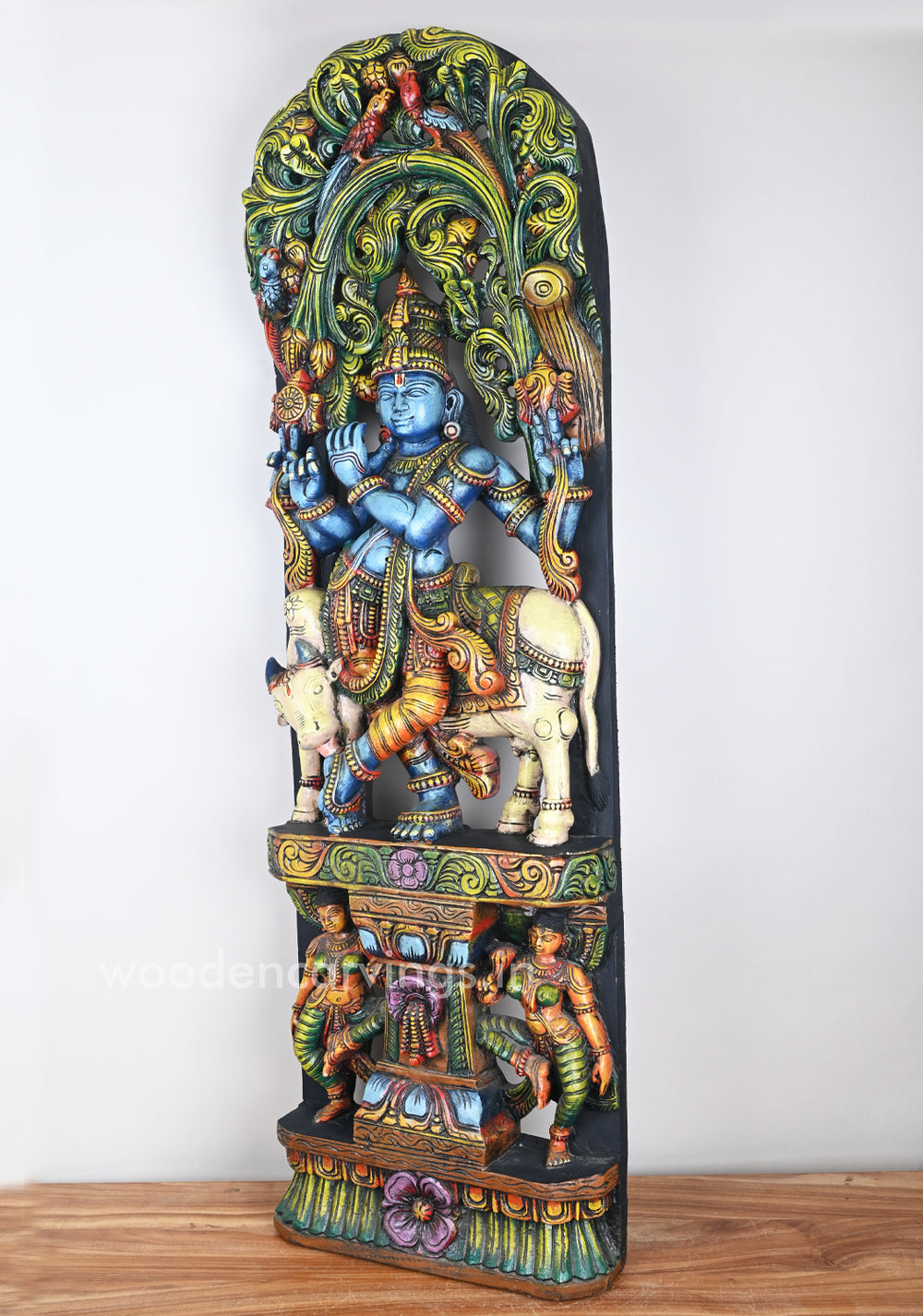 Collections of Blueish Lord Krishna Standing With Cow, Playing With Flute Jali Work 48"