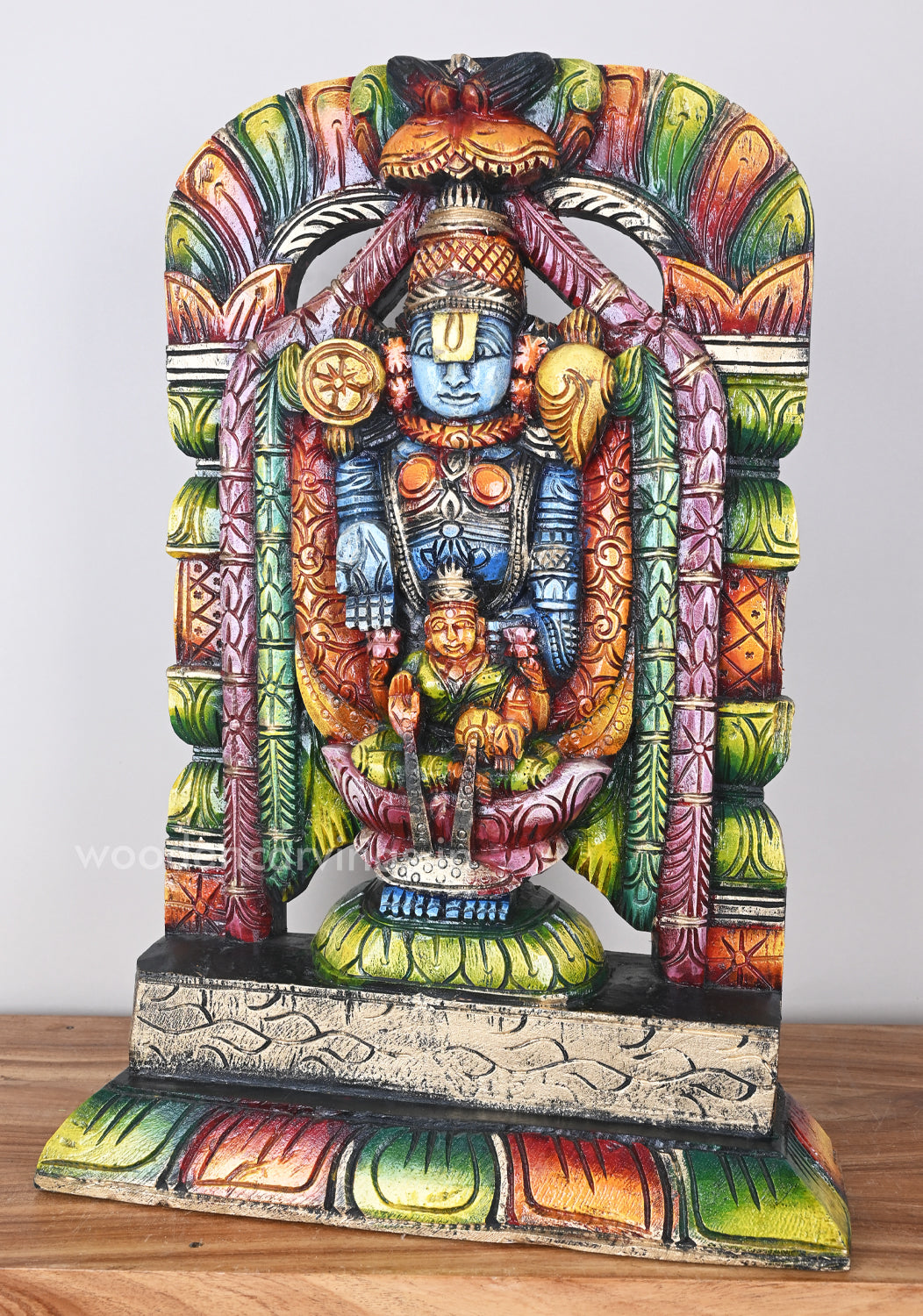 Multicoloured Venkateshwara Balaji with Goddess Lakshmi Wooden Sculpture 22"