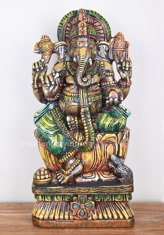 Classic Mild Coloured Painting Ganesha on Orange Lotus Wooden Sculpture 25"