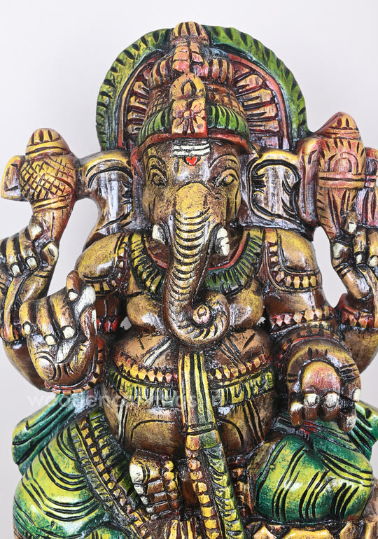 Classic Mild Coloured Painting Ganesha on Orange Lotus Wooden Sculpture 25"