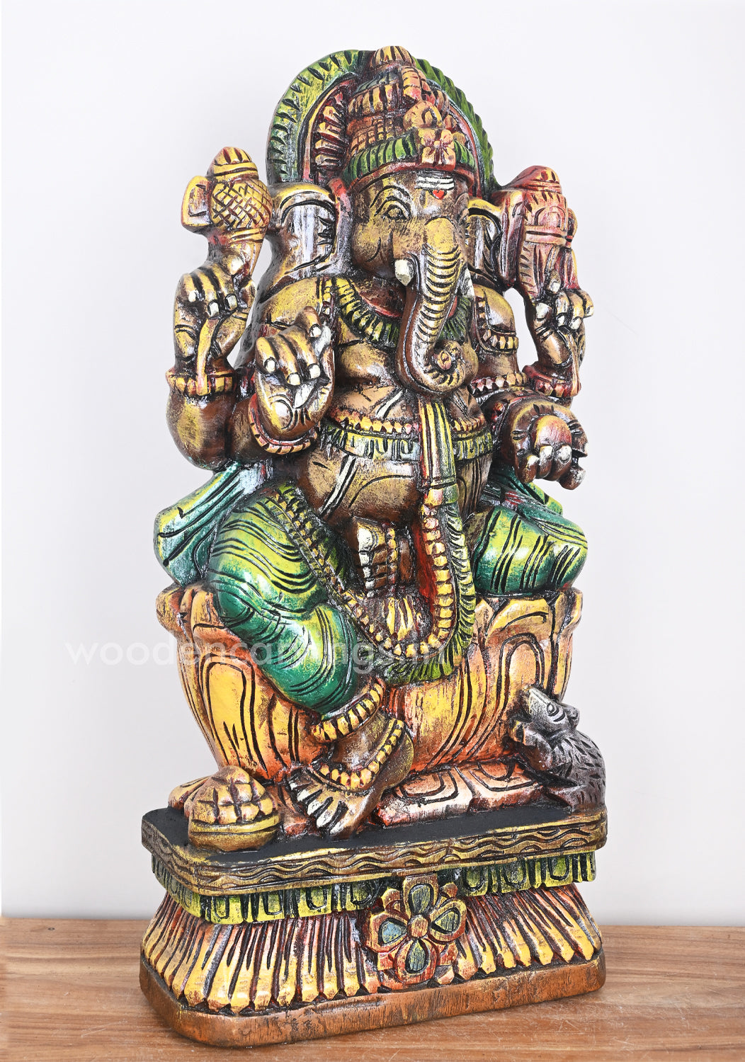 Classic Mild Coloured Painting Ganesha on Orange Lotus Wooden Sculpture 25"