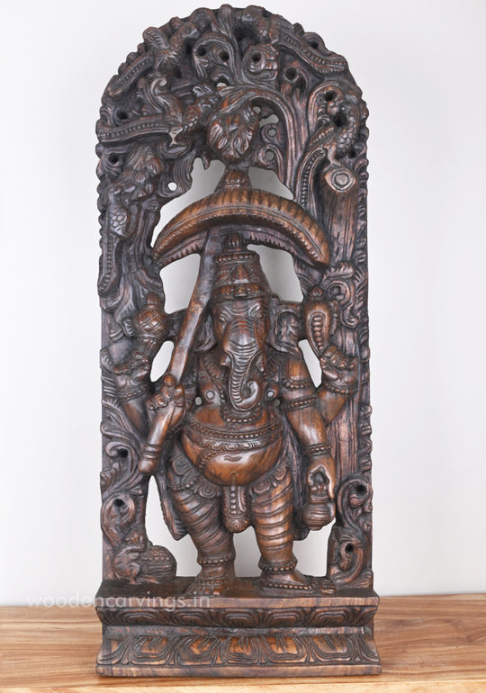 Standing Umbrella Ganesh Murti Holding Water Storage Pot (Kamandalam) Jali Work Wall Mount 36"