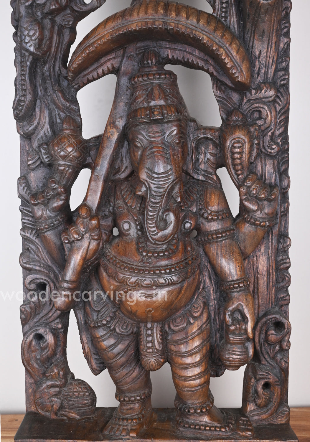 Standing Umbrella Ganesh Murti Holding Water Storage Pot (Kamandalam) Jali Work Wall Mount 36"