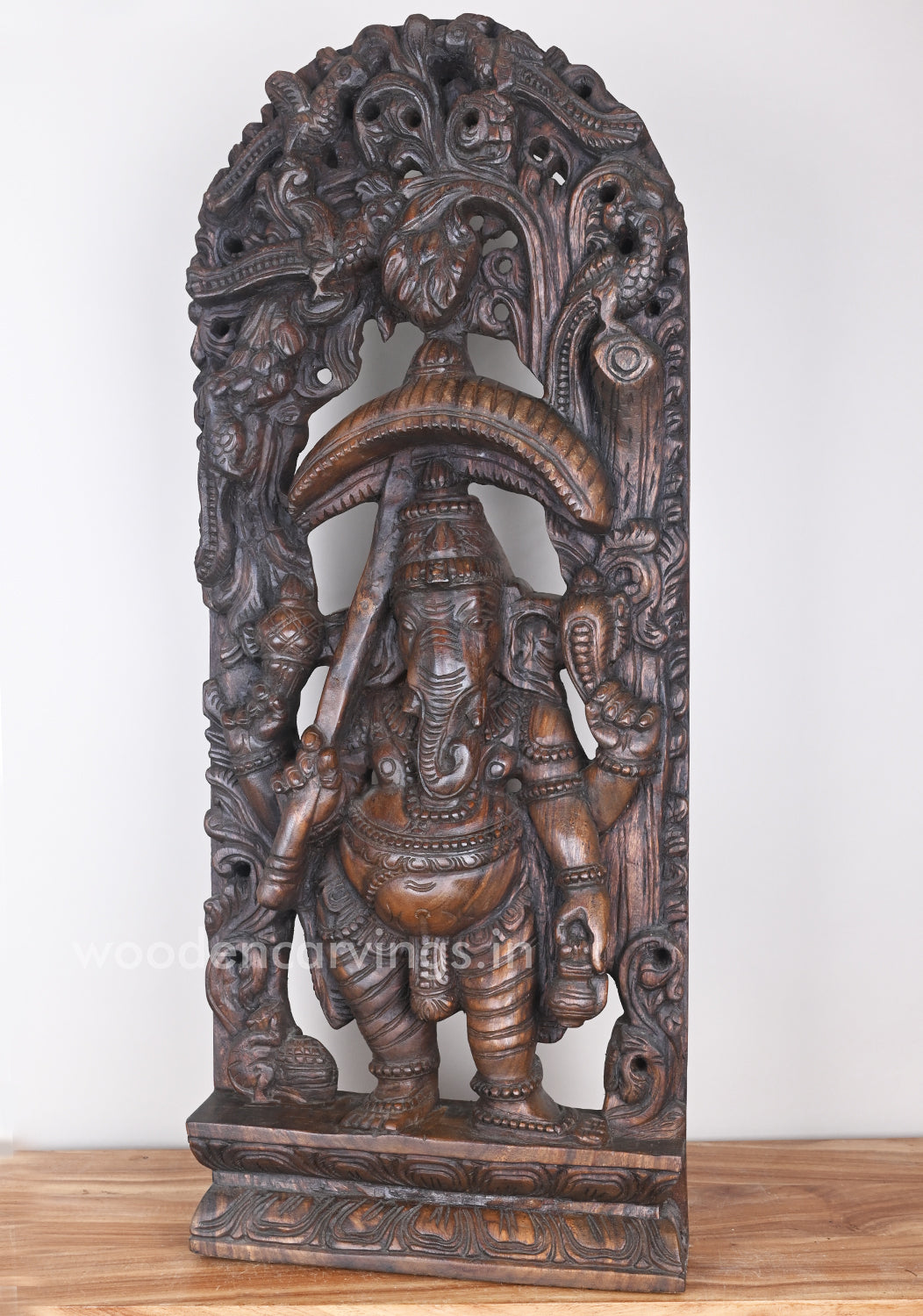 Standing Umbrella Ganesh Murti Holding Water Storage Pot (Kamandalam) Jali Work Wall Mount 36"