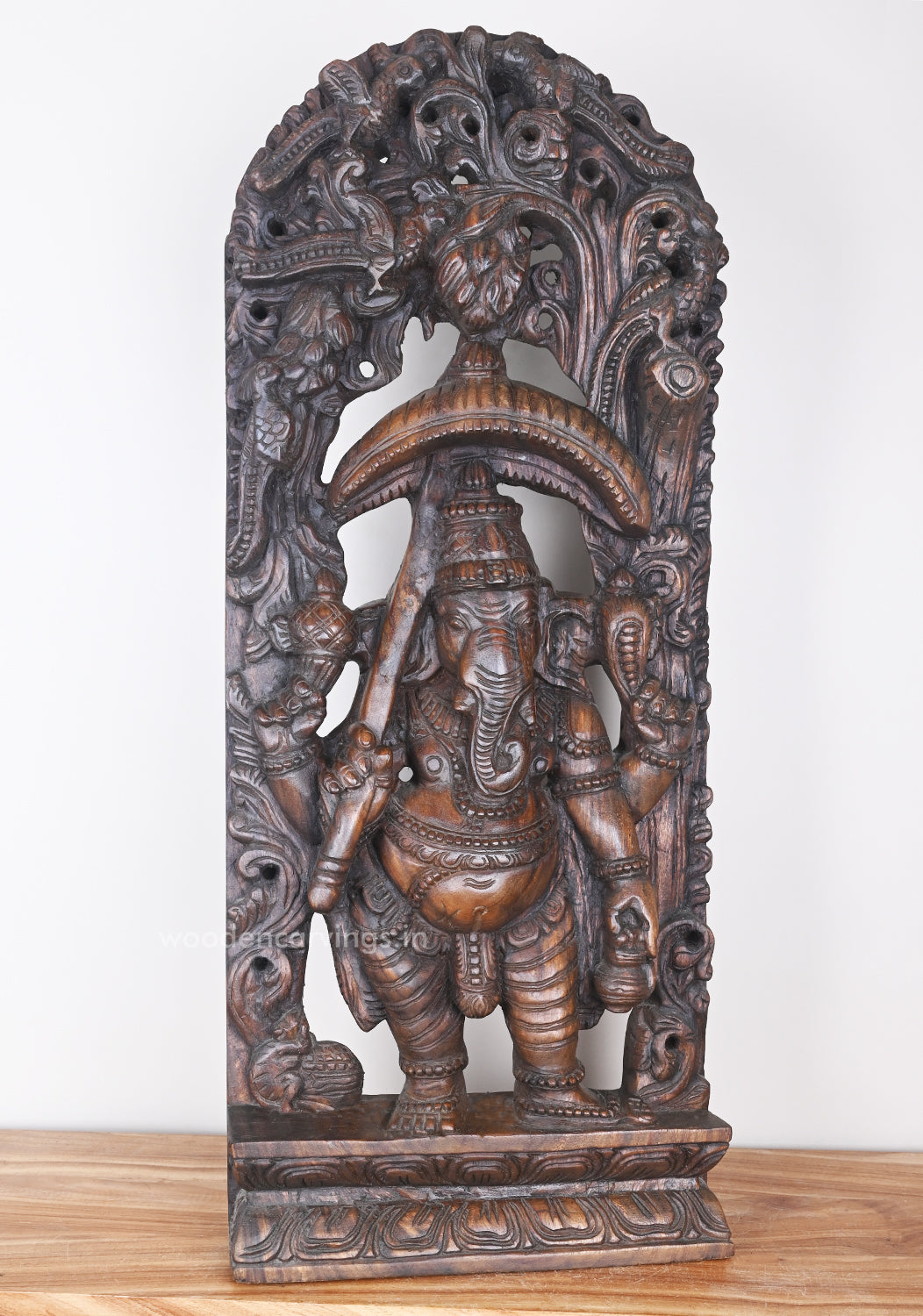 Standing Umbrella Ganesh Murti Holding Water Storage Pot (Kamandalam) Jali Work Wall Mount 36"