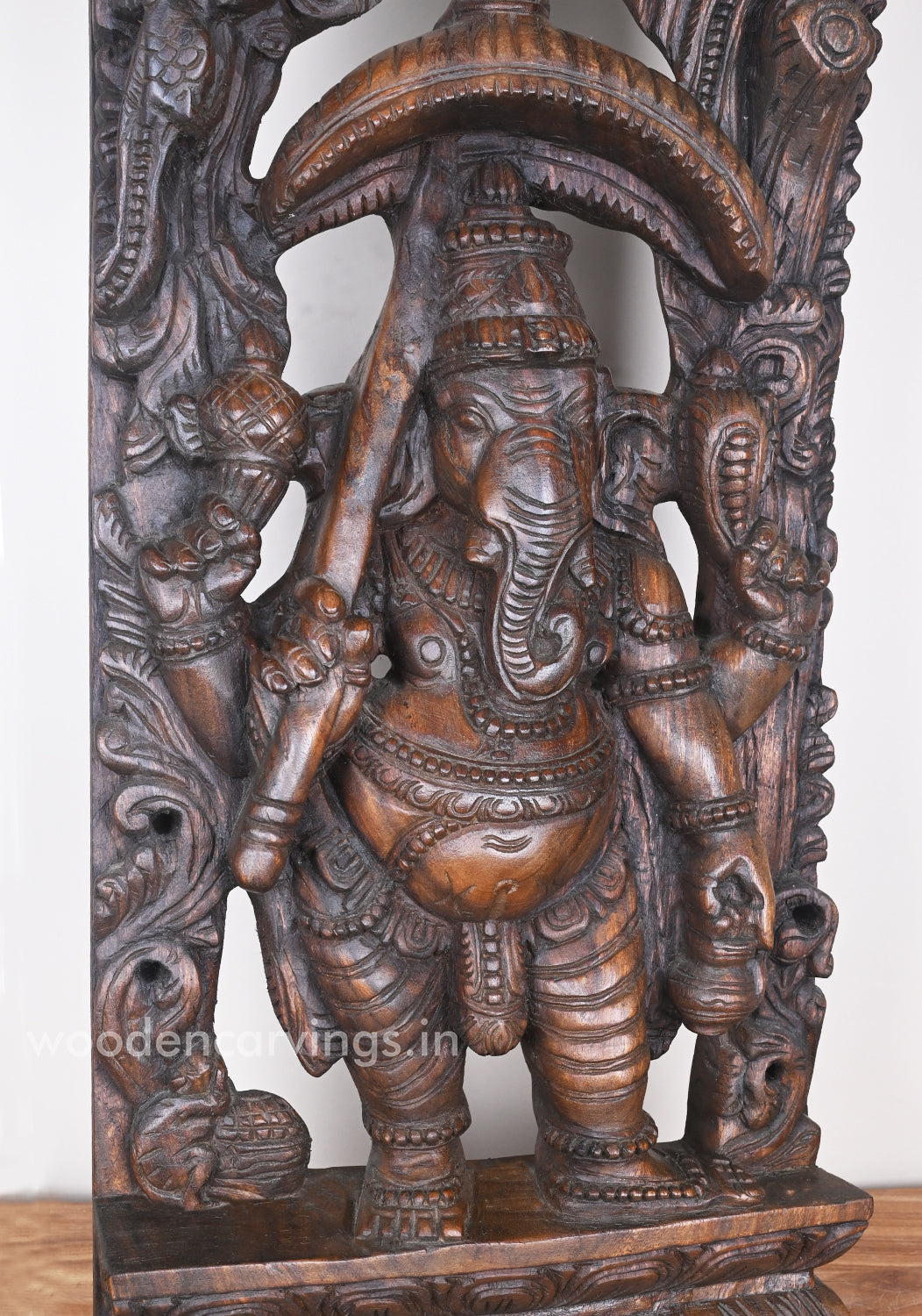 Standing Umbrella Ganesh Murti Holding Water Storage Pot (Kamandalam) Jali Work Wall Mount 36"