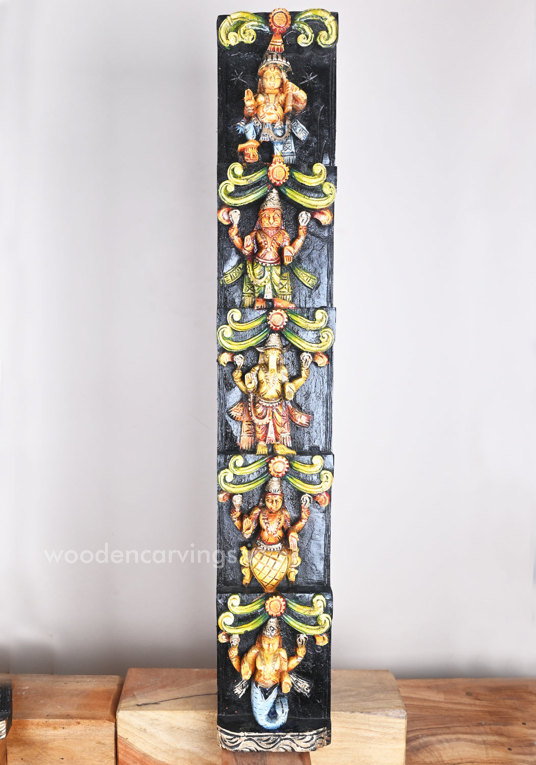 Unique and Elegant Vertical Mahavishnu Dasavatar Wooden Coloured Wall Panel 36"