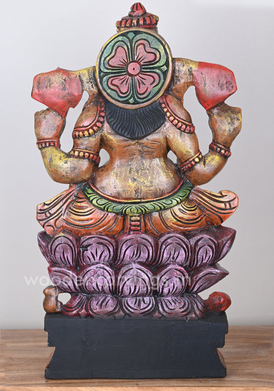 Handcraft Ganesha Seated on Double Petal Pink Lotus Showpiece Wooden Sculpture 24"