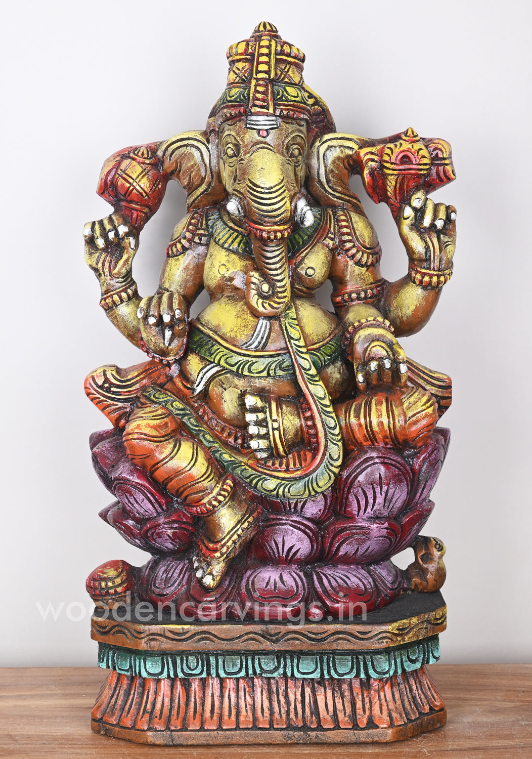 Handcraft Ganesha Seated on Double Petal Pink Lotus Showpiece Wooden Sculpture 24"