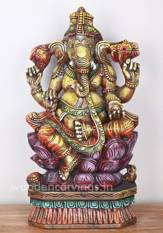 Handcraft Ganesha Seated on Double Petal Pink Lotus Showpiece Wooden Sculpture 24"