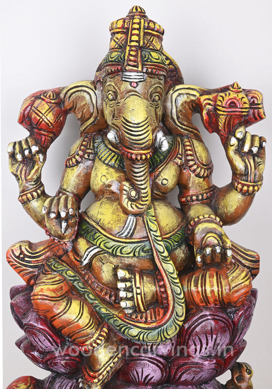 Handcraft Ganesha Seated on Double Petal Pink Lotus Showpiece Wooden Sculpture 24"