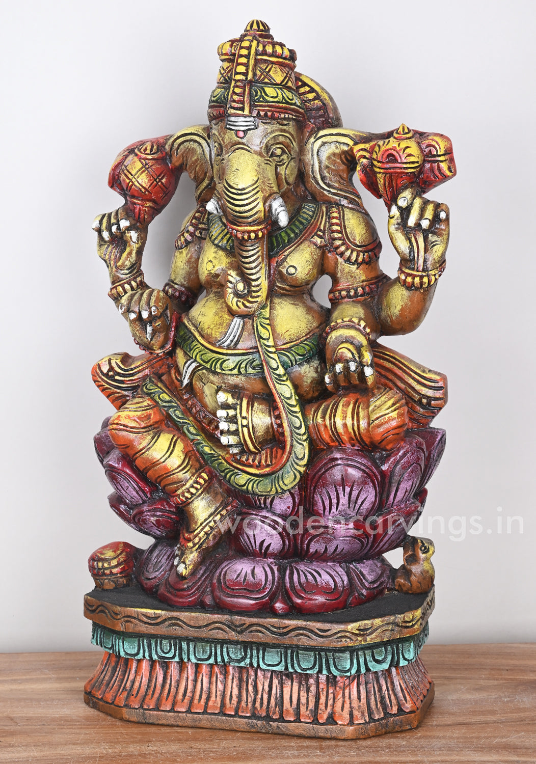 Handcraft Ganesha Seated on Double Petal Pink Lotus Showpiece Wooden Sculpture 24"