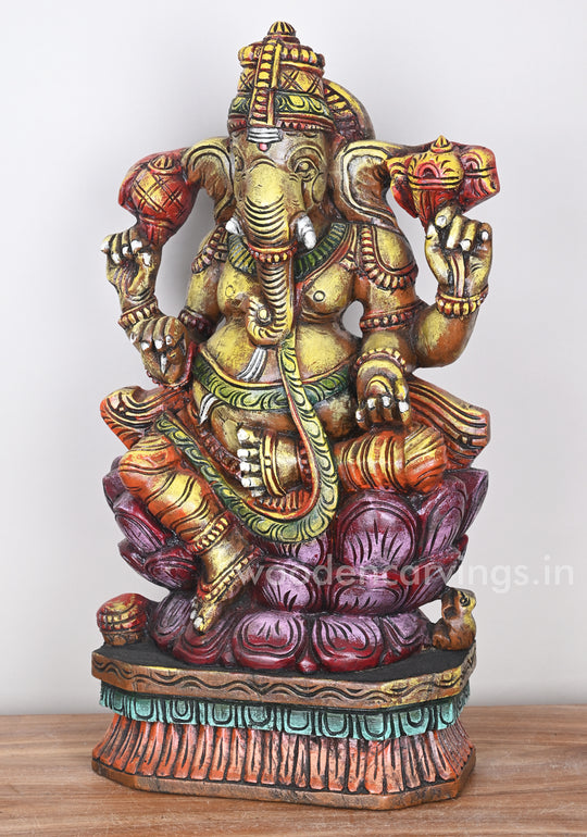 Handcraft Ganesha Seated on Double Petal Pink Lotus Showpiece Wooden Sculpture 24"