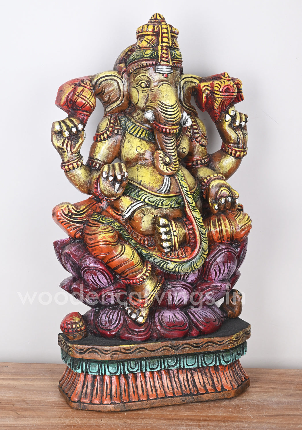 Handcraft Ganesha Seated on Double Petal Pink Lotus Showpiece Wooden Sculpture 24"